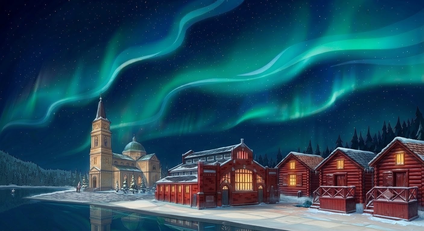 Oulu cityscape under northern lights